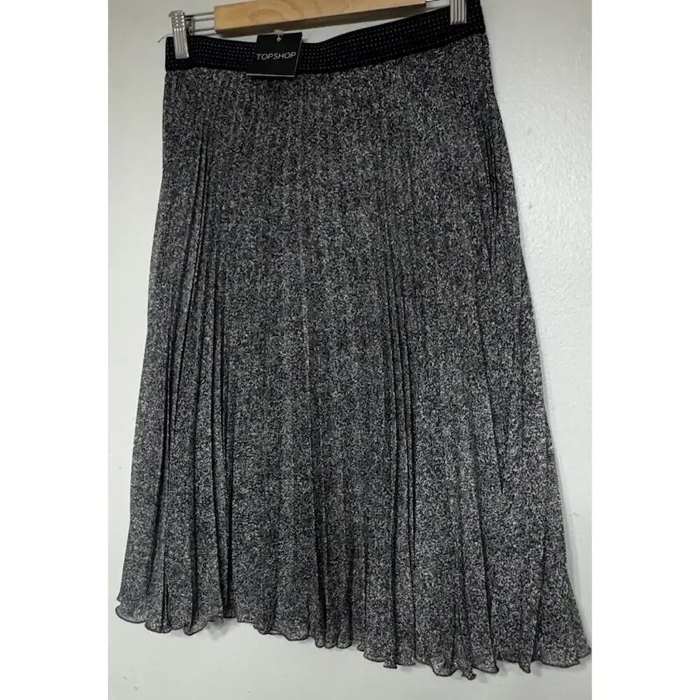 Topshop Midi Pleated Skirt Grey Women’s Size 8 Pull-On Speckled Lined NEW